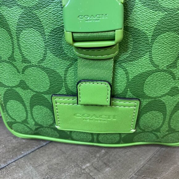 Coach Track Pack Bag Crossbody Signature Canvas Gunmetal Neon Green Leather - Picture 4 of 12